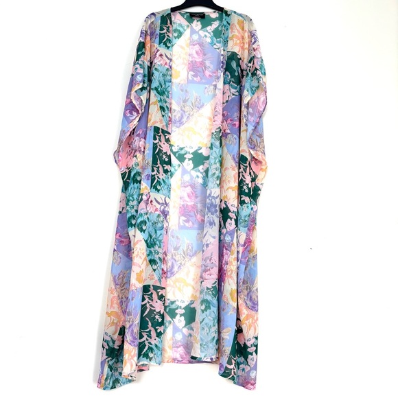 Lane Bryant boho open front green pink sheer patchwork floral maxi kimono duster - Picture 3 of 16